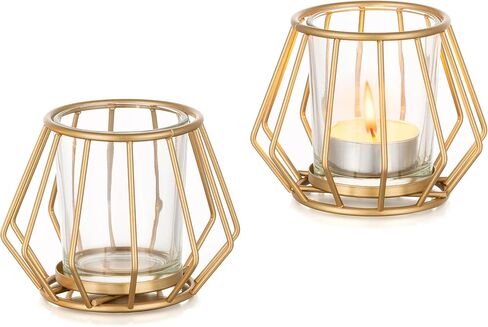Geometric Tea Light Candle Holders - Wedding Centerpiece for Tables Morden Metal Votive Tealight Candles Stand with Glasses Coffee Home Room Decor Wedding Party Birthday Decoration, Black 6 pcs in Saudi Arabia