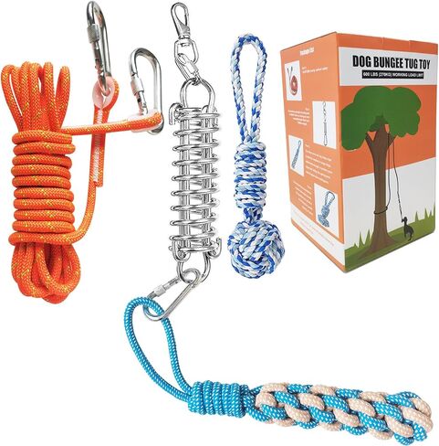 TUAHOO Spring Pole Bungee Dog Tug Toy - Dog Rope Pull & Tether Tug of War Toy for Small to Large Dogs to Exercise and Play Retractable Tugger Dog Rope Toys with 2 Chew Toys in Kuwait