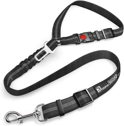 سرج حزام مقعد الكلب للسيارة - سلسلة 2 في 1 وتقييد تثبت على مسند الرأس. شريط مطاطي قابل للتعديل، قوي، متين، قابل للدوران 360 درجة لن يلتوي، عاكس، سهل الاستخدام (اسود، عبوة واحدة) in Kuwait