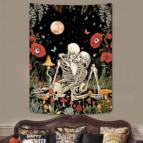 Leeisysme Hippie الهيكل العظمي نسيج الأزهار، عشاق التقبيل القمر الفطر الجمجمة زهرة النباتات المفروشات لغرفة المعيشة الجمالية غرفة نوم رومانسية الجدار شنقا 44 × 60 بوصة in Kuwait