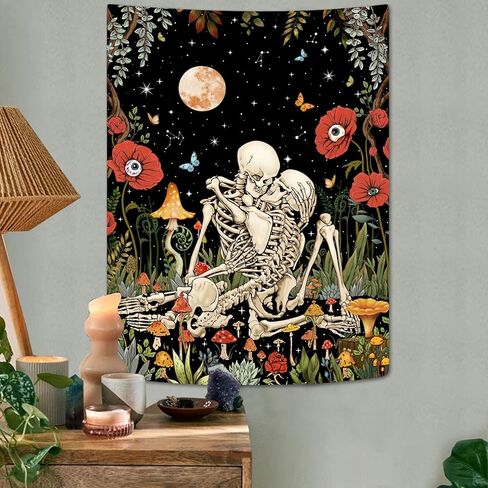 Leeisysme Hippie الهيكل العظمي نسيج الأزهار، عشاق التقبيل القمر الفطر الجمجمة زهرة النباتات المفروشات لغرفة المعيشة الجمالية غرفة نوم رومانسية الجدار شنقا 44 × 60 بوصة in Kuwait