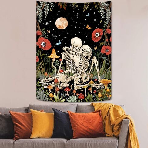 Leeisysme Hippie الهيكل العظمي نسيج الأزهار، عشاق التقبيل القمر الفطر الجمجمة زهرة النباتات المفروشات لغرفة المعيشة الجمالية غرفة نوم رومانسية الجدار شنقا 44 × 60 بوصة in Kuwait