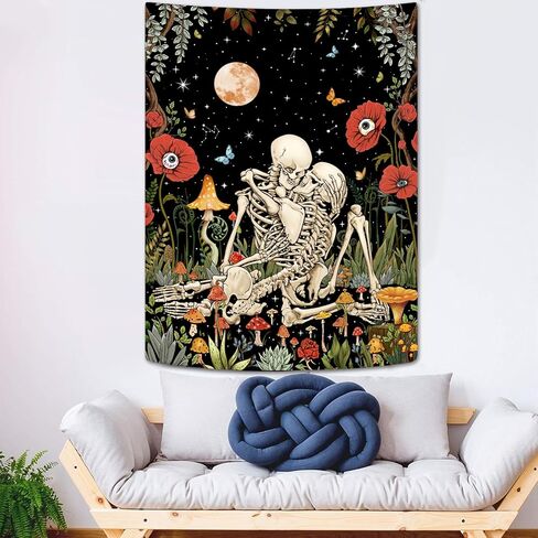 Leeisysme Hippie الهيكل العظمي نسيج الأزهار، عشاق التقبيل القمر الفطر الجمجمة زهرة النباتات المفروشات لغرفة المعيشة الجمالية غرفة نوم رومانسية الجدار شنقا 44 × 60 بوصة in Kuwait