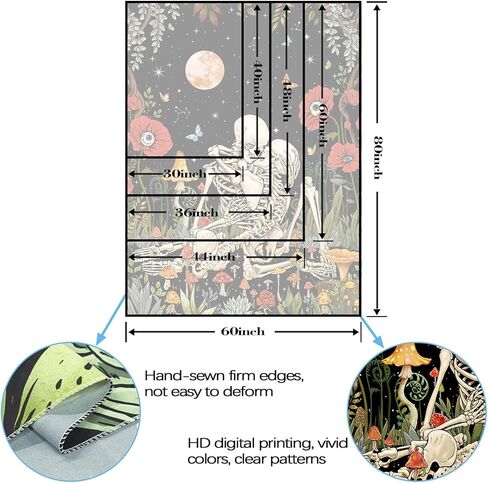 Leeisysme Hippie الهيكل العظمي نسيج الأزهار، عشاق التقبيل القمر الفطر الجمجمة زهرة النباتات المفروشات لغرفة المعيشة الجمالية غرفة نوم رومانسية الجدار شنقا 44 × 60 بوصة in Kuwait
