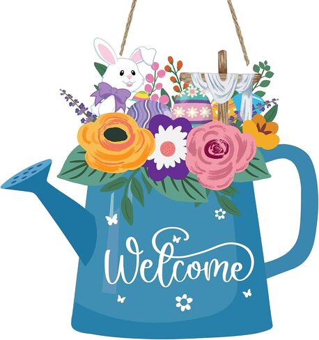 Spring Easter Water Can Door Sign Wooden Wreath for Front Door Wall Farmhouse Home Decor in Saudi Arabia