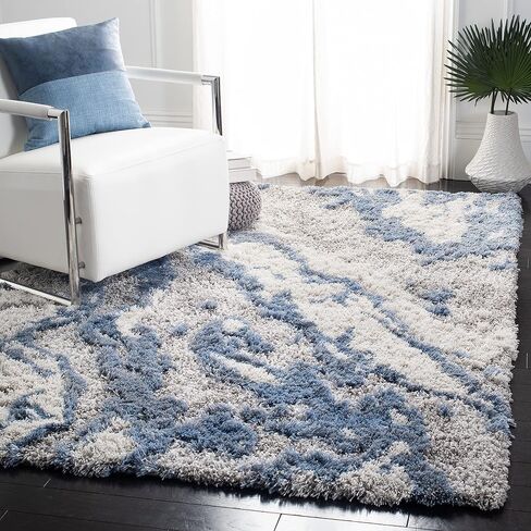 سجادة منطقة SAFAVIEH Horizon Shag - 5'3" x 7'7"، رمادي وأزرق، تصميم تجريدي حديث، لا يتساقط ويسهل العناية به، سمك 2 بوصة مثالي للمناطق ذات حركة المرور العالية في غرفة المعيشة وغرفة النوم (HZN890G) in Saudi Arabia