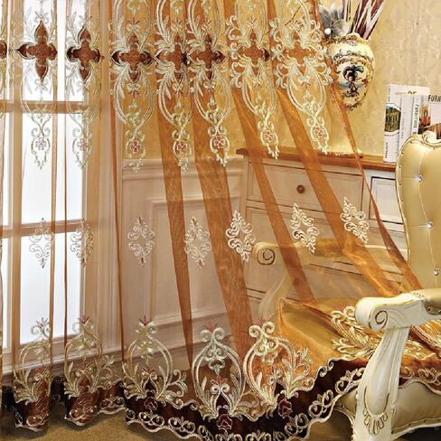 Amidoudou 1 Pair European Jacquard Sheer Curtains Luxury Embroidered Tulle Curtains for Living Room Bedroom (Coffee,51x84 Inch) in Saudi Arabia
