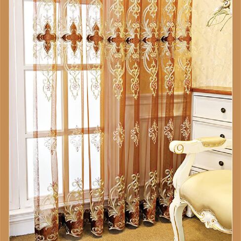 Amidoudou 1 Pair European Jacquard Sheer Curtains Luxury Embroidered Tulle Curtains for Living Room Bedroom (Coffee,51x84 Inch) in Saudi Arabia