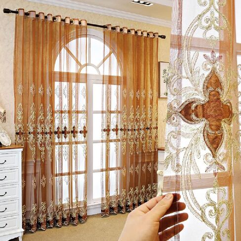 Amidoudou 1 Pair European Jacquard Sheer Curtains Luxury Embroidered Tulle Curtains for Living Room Bedroom (Coffee,51x84 Inch) in Saudi Arabia