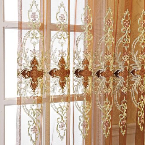Amidoudou 1 Pair European Jacquard Sheer Curtains Luxury Embroidered Tulle Curtains for Living Room Bedroom (Coffee,51x84 Inch) in Saudi Arabia
