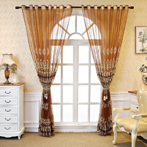 Amidoudou 1 Pair European Jacquard Sheer Curtains Luxury Embroidered Tulle Curtains for Living Room Bedroom (Coffee,51x84 Inch) in Saudi Arabia