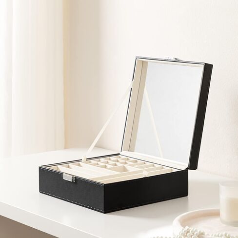 منظم صندوق المجوهرات الأسود من Oyydecor بطبقتين، مرآة كبيرة من جلد البولي يوريثان، درج تخزين المجوهرات مع صينية عرض قابلة للإزالة للقلادة والأقراط والخواتم والأساور in Kuwait