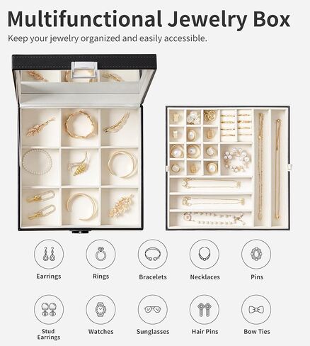 منظم صندوق المجوهرات الأسود من Oyydecor بطبقتين، مرآة كبيرة من جلد البولي يوريثان، درج تخزين المجوهرات مع صينية عرض قابلة للإزالة للقلادة والأقراط والخواتم والأساور in Kuwait