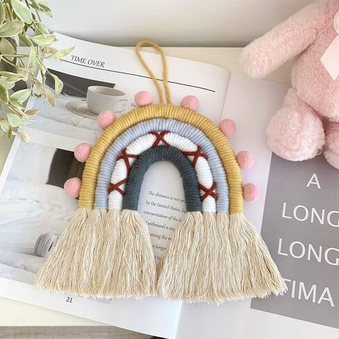 تعليق على الحائط بألوان قوس قزح، تعليق على الحائط منسوج بألوان قوس قزح، فن جدار قوس قزح، تعليق على الحائط البوهيمي، ديكور جدار قوس قزح مصنوع يدويًا لغرف الأطفال وديكور المنزل (بني، 6 × 7 × 0.39 بوصة) in Kuwait