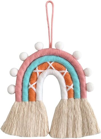 تعليق على الحائط بألوان قوس قزح، تعليق على الحائط منسوج بألوان قوس قزح، فن جدار قوس قزح، تعليق على الحائط البوهيمي، ديكور جدار قوس قزح مصنوع يدويًا لغرف الأطفال وديكور المنزل (بني، 6 × 7 × 0.39 بوصة) in Kuwait