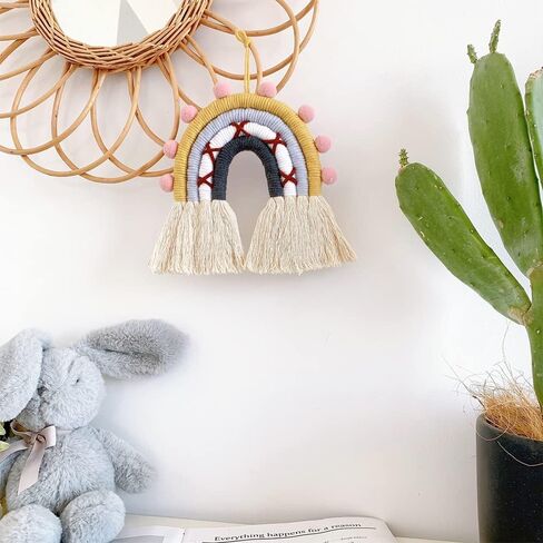 تعليق على الحائط بألوان قوس قزح، تعليق على الحائط منسوج بألوان قوس قزح، فن جدار قوس قزح، تعليق على الحائط البوهيمي، ديكور جدار قوس قزح مصنوع يدويًا لغرف الأطفال وديكور المنزل (بني، 6 × 7 × 0.39 بوصة) in Kuwait