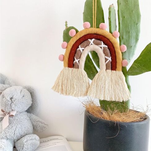 تعليق على الحائط بألوان قوس قزح، تعليق على الحائط منسوج بألوان قوس قزح، فن جدار قوس قزح، تعليق على الحائط البوهيمي، ديكور جدار قوس قزح مصنوع يدويًا لغرف الأطفال وديكور المنزل (بني، 6 × 7 × 0.39 بوصة) in Kuwait