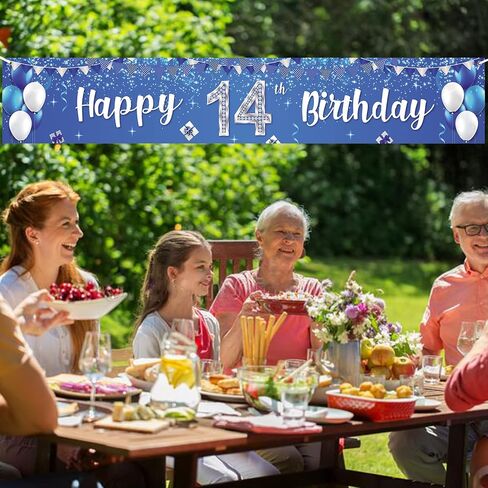 عيد ميلاد سعيد 14 بالونات راية هدية كريستال لامعة نجوم قصاصات ورق ديكور ديكور للأولاد والبنات حفلة عيد ميلاد 14 هتافات إلى 14 سنة لوازم حفلات عيد الميلاد خلفية فضية وزرقاء in Kuwait