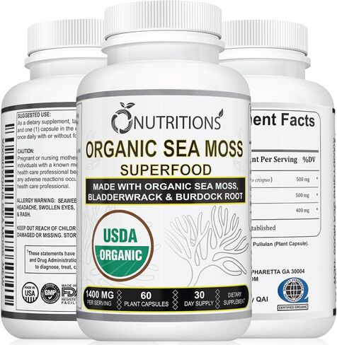 O NUTRITIONS Sea Moss Gummies مع Sea Moss 3000mg، زيت الحبة السوداء 2000mg، Ashwagandha 1000mg، الكركم 1000mg، Bladderwrack 1000mg (USDA Organic SEA Moss-1 Pack) in Kuwait