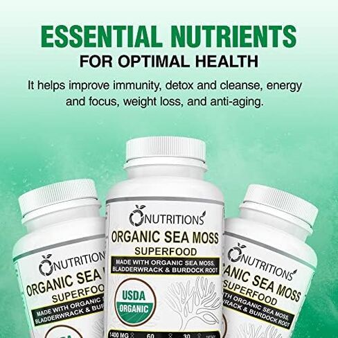 O NUTRITIONS Sea Moss Gummies مع Sea Moss 3000mg، زيت الحبة السوداء 2000mg، Ashwagandha 1000mg، الكركم 1000mg، Bladderwrack 1000mg (USDA Organic SEA Moss-1 Pack) in Kuwait