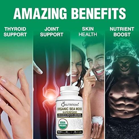 O NUTRITIONS Sea Moss Gummies مع Sea Moss 3000mg، زيت الحبة السوداء 2000mg، Ashwagandha 1000mg، الكركم 1000mg، Bladderwrack 1000mg (USDA Organic SEA Moss-1 Pack) in Kuwait