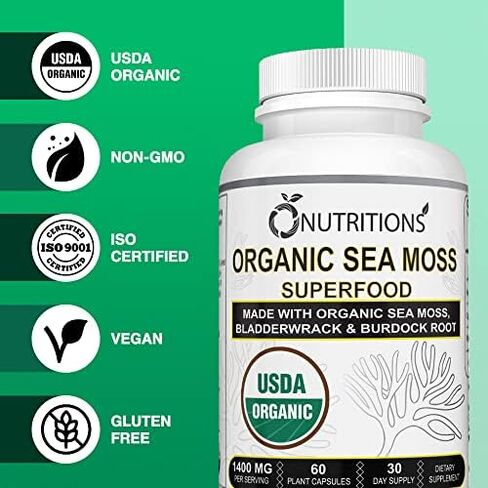 O NUTRITIONS Sea Moss Gummies مع Sea Moss 3000mg، زيت الحبة السوداء 2000mg، Ashwagandha 1000mg، الكركم 1000mg، Bladderwrack 1000mg (USDA Organic SEA Moss-1 Pack) in Kuwait