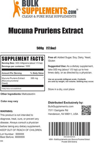 BULKSUPPLEMENTS.COM مستخلص Mucuna Pruriens - المكملات العشبية، مكملات Mucuna Pruriens، مسحوق Mucuna Pruriens - نباتي وخالي من الغلوتين، 500 مجم لكل وجبة، 500 جم (1.1 رطل) in Kuwait