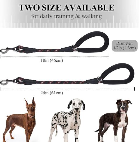 VIVAGLORY Short Dog Leash 18 in, Durable Mountain Climbing Reflective Rope Dog Lead with Soft Padded Traffic Handle for Large Dogs for Walking & Training, Black in Kuwait