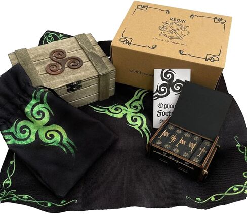TheDarknessUnicorn Ogham's Fortune Oracle Set صندوق المذبح الخشبي صندوق الروني القماشي وحقيبة الروني ودليل عصي أوغام in Kuwait