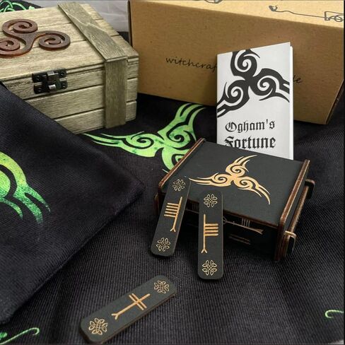 TheDarknessUnicorn Ogham's Fortune Oracle Set صندوق المذبح الخشبي صندوق الروني القماشي وحقيبة الروني ودليل عصي أوغام in Kuwait