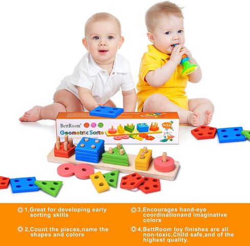 ألعاب تعليمية خشبية لمرحلة ما قبل المدرسة للأطفال من سن 1 2 3 4-5 سنوات من سن المراهقة للبنات على شكل مكعبات هندسية من مجموعة مكعبات تجميع الأشكال للأطفال غير سامة (14 بوصة) in Kuwait