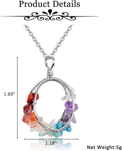بيسوينث عقد كريستال علاجي بـ7 احجار شاكرا للنساء من الاحجار الكريمة الطبيعية بالوان قوس قزح ريكي روحية كوارتز شاكرا دائرية، هدايا مجوهرات لعيد الام وعيد الام، 7 احجار شاكرا, 7 أحجار شاكرا in Kuwait