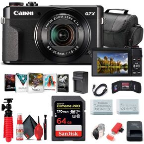 كاميرا Canon PowerShot G7 X Mark II الرقمية (1066C001)، بطاقة 64 جيجابايت، بطارية NB13L، برنامج الصور Corel، قارئ البطاقات، حقيبة ناعمة، حامل ثلاثي القوائم مرن + المزيد (متجدد) in Saudi Arabia