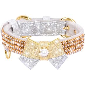PetsHome Cat Collar, Dog Collar, [Bling Rhinestones][Cute Bow] PU Leather Adjustable Pet Collar for Big Cat and Small to Medium Dog Small Pink