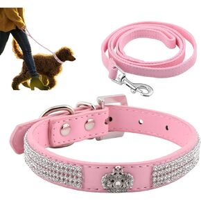 Fawcotu طوق الكلب عاكس النايلون الياقات الكلب الياقات حجر الراين الكلبة للفتيات والفتيان الكلب قابل للتعديل جلد الغزال طوق SOFE مع المقود (M الوردي) in Kuwait