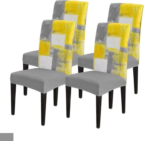 Savannan Dining Chair Slipcover, Abstract Geometric Pattern Graffiti Art Yellow Gray White Stretch Kitchen Covers Removable Parsons Protector for Room Banquet Party, Set of 4 in Saudi Arabia