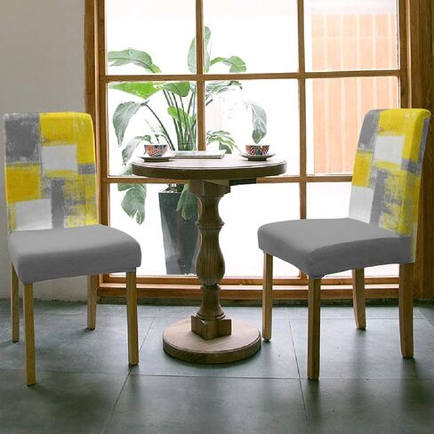 Savannan Dining Chair Slipcover, Abstract Geometric Pattern Graffiti Art Yellow Gray White Stretch Kitchen Covers Removable Parsons Protector for Room Banquet Party, Set of 4 in Saudi Arabia