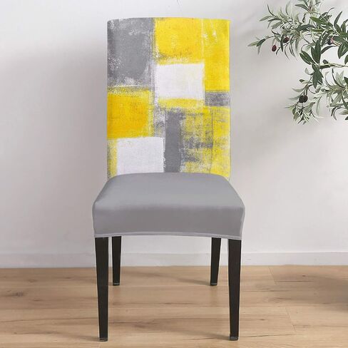 Savannan Dining Chair Slipcover, Abstract Geometric Pattern Graffiti Art Yellow Gray White Stretch Kitchen Covers Removable Parsons Protector for Room Banquet Party, Set of 4 in Saudi Arabia