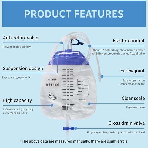 10 قطع من أكياس تصريف البول، وأكياس قسطرة ليلية، وحقيبة تجميع البول مع غرفة مضادة للارتجاع، وحقيبة تصريف طبية، وحوض تصريف سعة 1500 مل، وحقيبة بول قابلة للارتداء ونظام التبول (موصل لولبي) in Kuwait