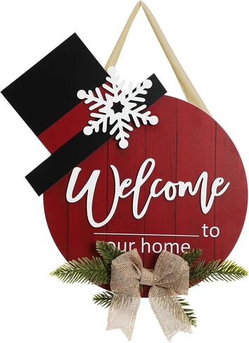 WIOR Christmas Wooden Hanging Sign, 12 Inch Round Welcome to Our Home Door Decoration Christmas Wreath Sign Rustic Welcome Sign for Front Door Farmhouse Porch Window Indoor Outdoor Home Wall Decor in Kuwait