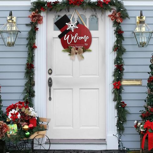 WIOR Christmas Wooden Hanging Sign, 12 Inch Round Welcome to Our Home Door Decoration Christmas Wreath Sign Rustic Welcome Sign for Front Door Farmhouse Porch Window Indoor Outdoor Home Wall Decor in Kuwait