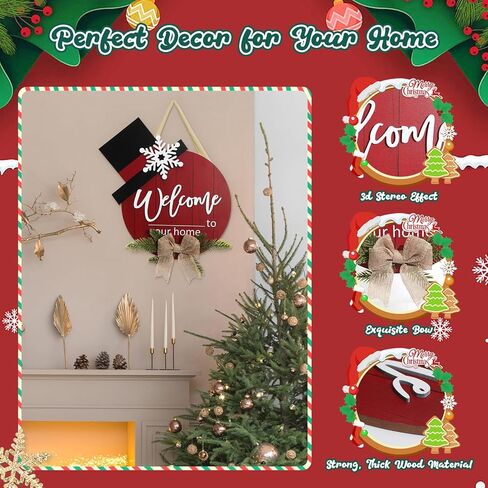 WIOR Christmas Wooden Hanging Sign, 12 Inch Round Welcome to Our Home Door Decoration Christmas Wreath Sign Rustic Welcome Sign for Front Door Farmhouse Porch Window Indoor Outdoor Home Wall Decor in Kuwait