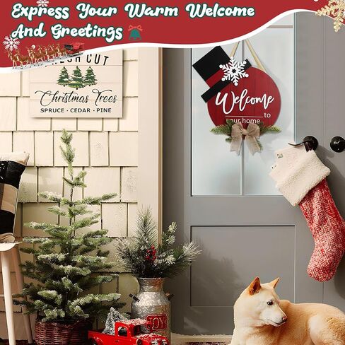 WIOR Christmas Wooden Hanging Sign, 12 Inch Round Welcome to Our Home Door Decoration Christmas Wreath Sign Rustic Welcome Sign for Front Door Farmhouse Porch Window Indoor Outdoor Home Wall Decor in Kuwait
