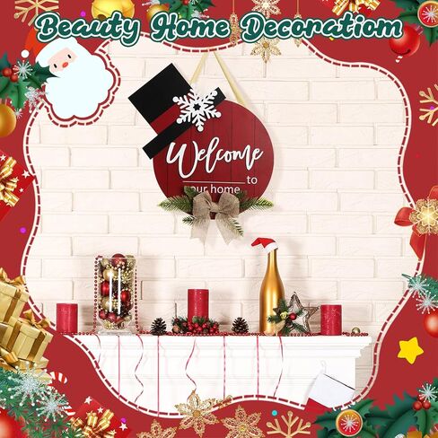 WIOR Christmas Wooden Hanging Sign, 12 Inch Round Welcome to Our Home Door Decoration Christmas Wreath Sign Rustic Welcome Sign for Front Door Farmhouse Porch Window Indoor Outdoor Home Wall Decor in Kuwait