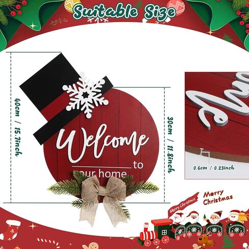 WIOR Christmas Wooden Hanging Sign, 12 Inch Round Welcome to Our Home Door Decoration Christmas Wreath Sign Rustic Welcome Sign for Front Door Farmhouse Porch Window Indoor Outdoor Home Wall Decor in Kuwait