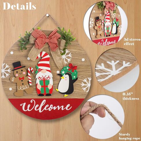 لارين عيد الميلاد خشبية 15 بوصة علامة ترحيب موسمية للباب الأمامي، جولة ترحيب معلقة علامة الشرفة علامة جنوم ريفي الشتاء نمط عطلة الديكور (عيد الميلاد) in Kuwait