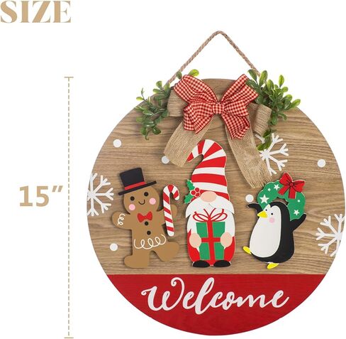 لارين عيد الميلاد خشبية 15 بوصة علامة ترحيب موسمية للباب الأمامي، جولة ترحيب معلقة علامة الشرفة علامة جنوم ريفي الشتاء نمط عطلة الديكور (عيد الميلاد) in Kuwait