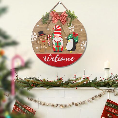 لارين عيد الميلاد خشبية 15 بوصة علامة ترحيب موسمية للباب الأمامي، جولة ترحيب معلقة علامة الشرفة علامة جنوم ريفي الشتاء نمط عطلة الديكور (عيد الميلاد) in Kuwait
