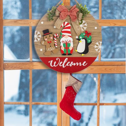 لارين عيد الميلاد خشبية 15 بوصة علامة ترحيب موسمية للباب الأمامي، جولة ترحيب معلقة علامة الشرفة علامة جنوم ريفي الشتاء نمط عطلة الديكور (عيد الميلاد) in Kuwait