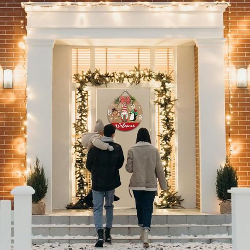 لارين عيد الميلاد خشبية 15 بوصة علامة ترحيب موسمية للباب الأمامي، جولة ترحيب معلقة علامة الشرفة علامة جنوم ريفي الشتاء نمط عطلة الديكور (عيد الميلاد) in Kuwait
